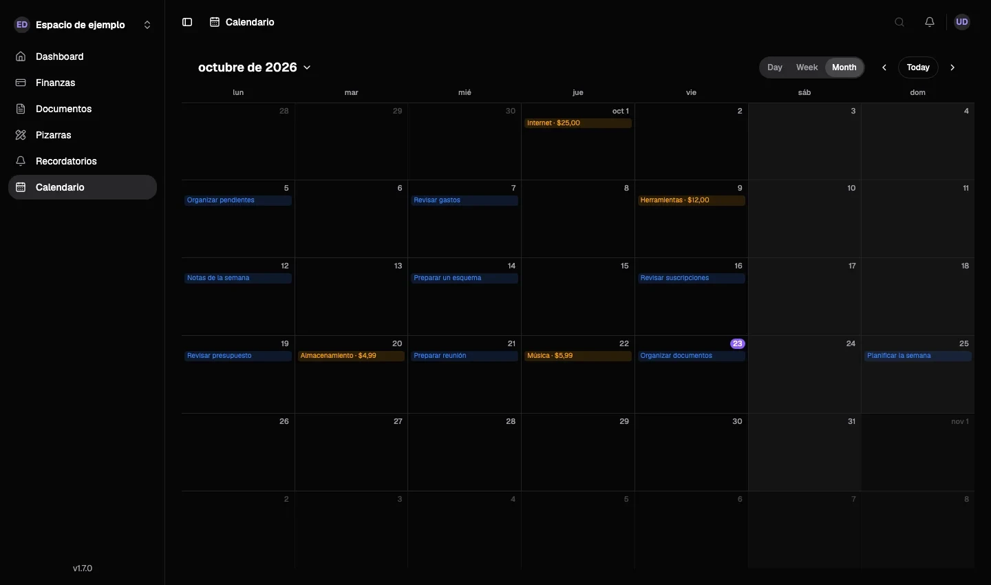 Calendario mensual de Nottrix con recordatorios y próximos cobros de suscripciones